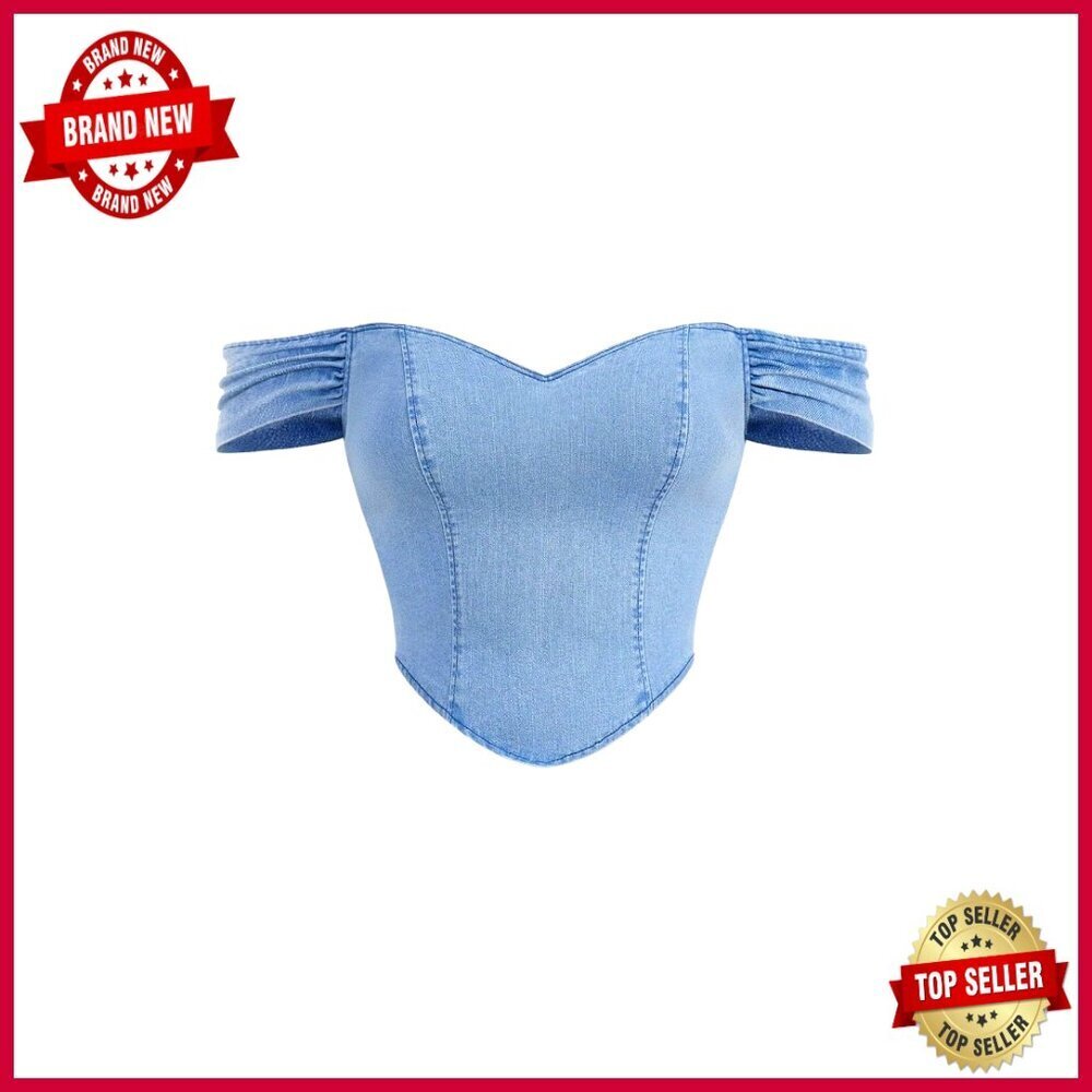 Plus Size Strapless Denim Crop Top with Zip Back Curved Hem